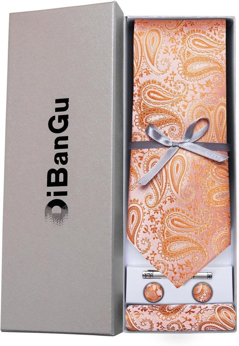 DiBanGu Paisley Ties for Men Silk Necktie and Pocket Square Cufflinks Tie Clip Set Woven Classic Mens Tie for Wedding Party - Image 3